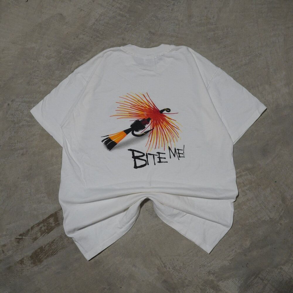 90s Bite Me Fly Fishing Tee Mens L White Anvil Made in USA Funny Lure Graphic
